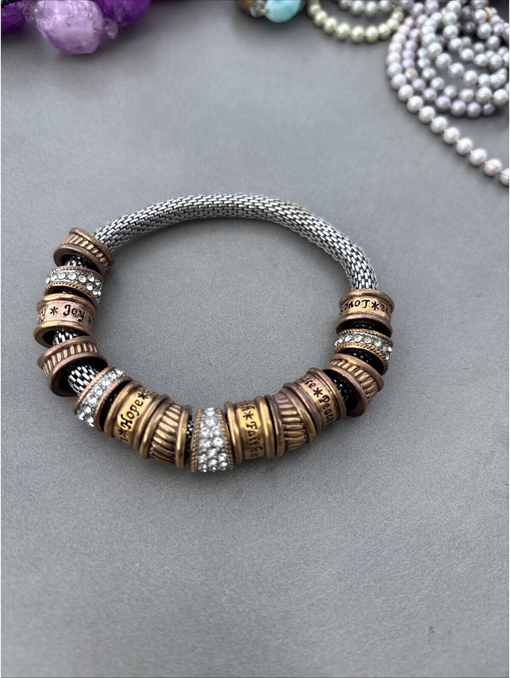 Topaz Mesh Charm Beaded Bracelet Silver Bronze with Crystal Accents